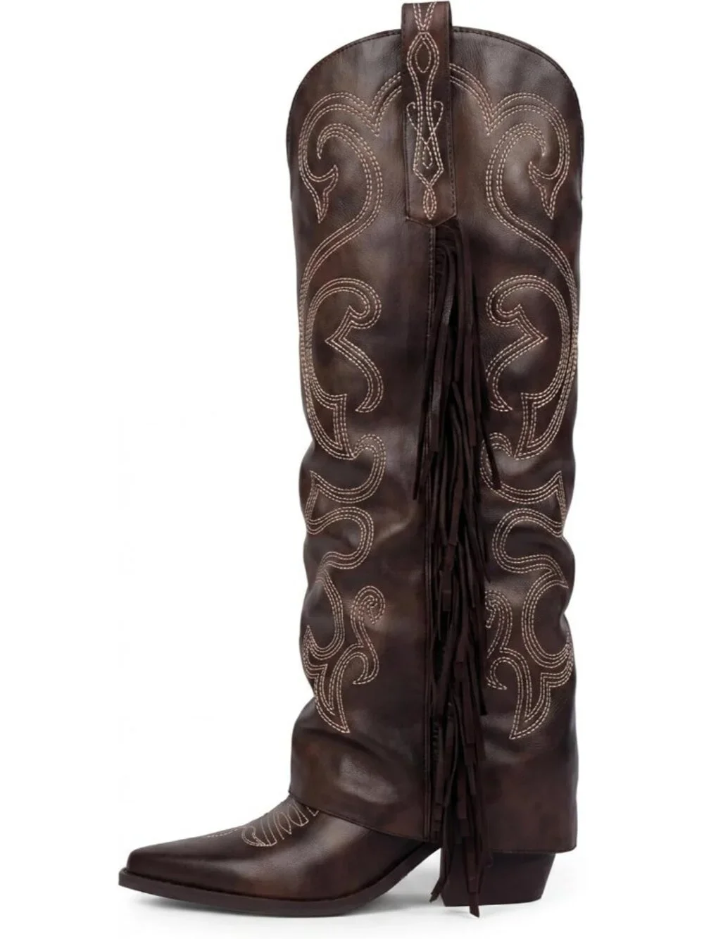 Women's Retro Brown Knee High Fold Over Half Zipper Chunky High Heel Boots
